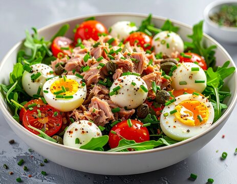 Sałatka z tuńczykiem z puszki , kulkami mozzarelli, jajkiem, pomidorkami koktajlowymi, kaparami i rukolą