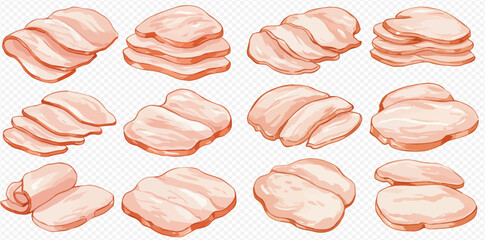 A collection of illustrated raw meat cuts, including sliced, stacked, and whole fillets, on a transparent background.