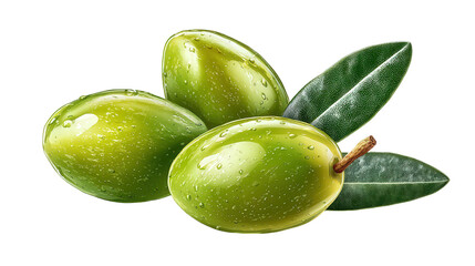 Obraz premium Three Green Olives with Leaves on a Transparent Background