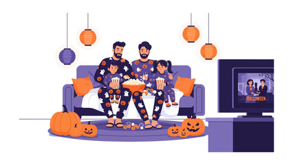 Cozy Halloween Family Movie Night: A heartwarming illustration shows a family snuggled on a couch, engrossed in a festive movie on a television screen. Surrounded by pumpkins, decorations, and snacks.