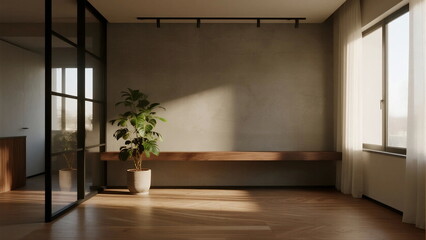 Modern minimalist room with wooden floor and large window