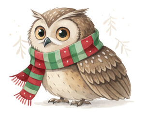 Watercolor Owl with Christmas Scarf 