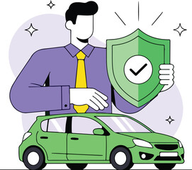 Man holding shield protecting car, symbolizing vehicle insurance isolated on white background