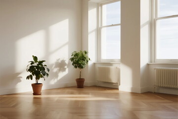 Bright and empty room with two potted plants near windows