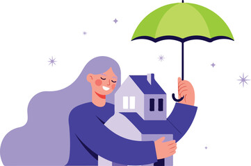 Woman holding house under umbrella, symbolizing home insurance isolated on white background