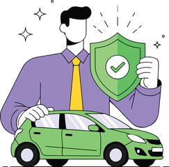 Man holding shield protecting car isolated on white background