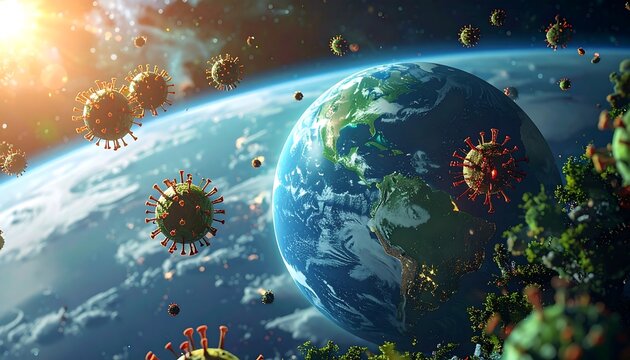 Digital artwork depicting the Earth enveloped by floating virus particles against a vibrant, sunlit backdrop