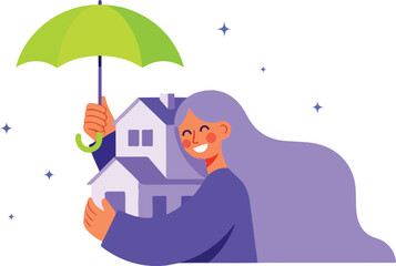 Woman holding house under umbrella isolated on white background