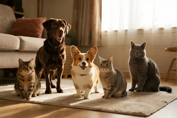 Group of different pets including dogs and cats in a cozy indoor setting