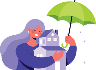 Woman holding house under umbrella isolated on white background