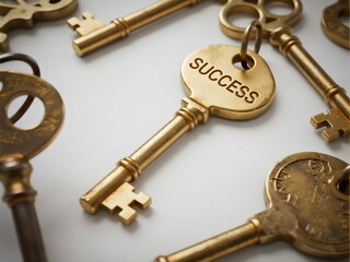 Golden keys with one labeled success representing paths to achievement