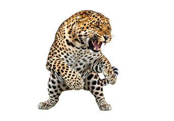 A ferocious leopard, poised in a dynamic stance against a stark black backdrop, showcasing its powerful musculature and intimidating roar.