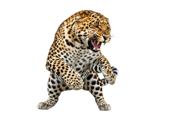 A ferocious leopard, poised in a dynamic stance against a stark black backdrop, showcasing its powerful musculature and intimidating roar.