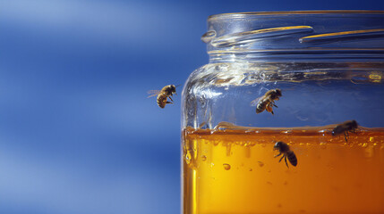 A glass jar of honey stands under a blue sky with some honey dripping inside. Bees are flying around the glass jar, attracted to the honey inside. The glass jar and bees create a vibrant natural scene
