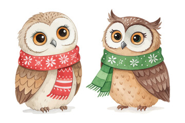 Watercolor Owl with Christmas Scarf vector illustration isolated on white background