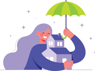 Smiling woman protecting house with umbrella isolated on white background