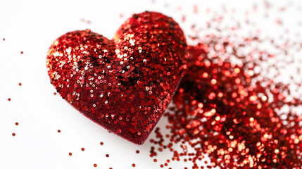 Shiny red glitter heart with a sparkling texture isolated on white transparent background. Concept of love and romance. Concept of love, romance, and celebration 