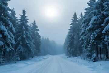 A peaceful snowy road surrounded by snow-covered pine trees under a bright sun