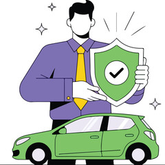 Man holding shield with checkmark protecting car isolated on white background
