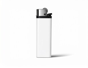 A blank white disposable pocket lighter with a metallic top, isolated on a clean white background. Perfect for branding and design mockups