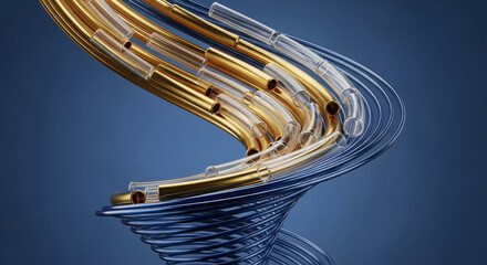 Abstract Metal Tubes Spiraling on Dark Blue Background, Metallic Texture, Chrome and Gold Tubes Winding Together, 3D Rendered Background