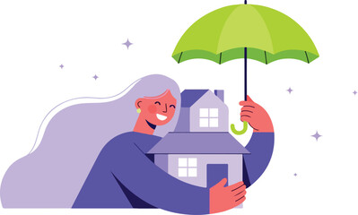 Woman protects house with umbrella, ensuring safety and security isolated on white background