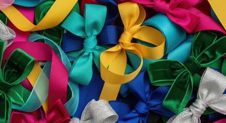 Colorful ribbon bows in various styles for gift decoration and crafting