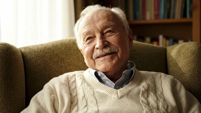 An elderly man with a warm smile sits comfortably in a cozy armchair, surrounded by soft sunlight filtering through a window, evoking feelings of nostalgia and tranquility in a home setting