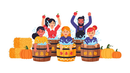 Fun in the Tub: Captivating cartoon showcasing joyful individuals indulging in a spirited tub-water game with pumpkin decoration and water splashing.