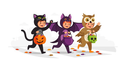 Halloween Costume Parade: Three children, costumed as a cat, bat, and owl, excitedly parade together. They are adorned with festive attire.