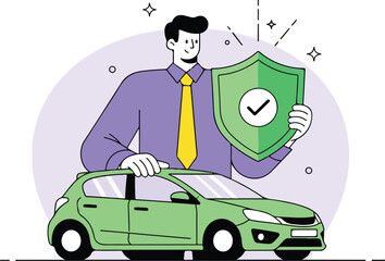 Man holding shield protecting car isolated on white background