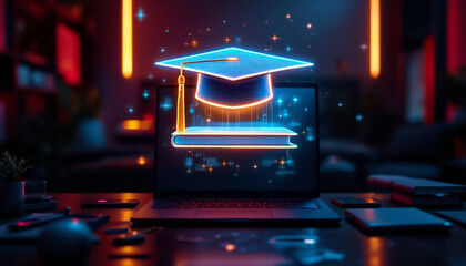 Digital Graduation Cap on Laptop Screen in Neon Lighting