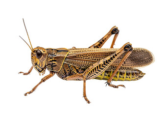 Detailed close-up of a locust with intricate patterns and textures, showcasing its segmented body and delicate features against a stark black background.