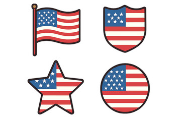 American flag icon set. USA national symbol collection. Patriotic vector illustration. 4th of July Independence Day emblem. Star, shield, circle and flag shape design elements.