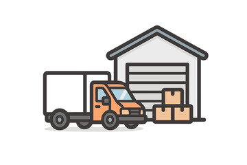 Warehouse logistics and freight transport icon. Delivery truck with packages at storage depot. Supply chain management, distribution center vector. E-commerce shipping.
