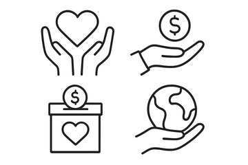 Donation and charity icon set. Vector linear symbols for giving money, care, and love. Fundraising and volunteer concept. Support illustration with heart, dollar, and globe.