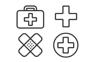 Medical icon set. First aid kit, cross, and bandage linear symbols. Healthcare, emergency, and medicine outline icons. Vector graphic for hospital or pharmacy.