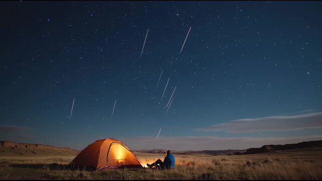 Illuminated camping tent glowing in grassy field, lone camper watching meteor shower streaking across starry night sky during celestial spectacle