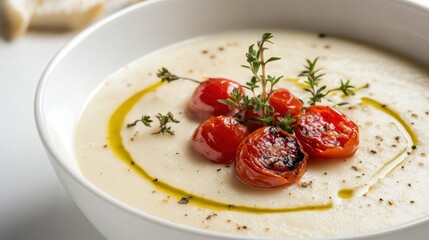 Creamy parsnip soup with roasted tomatoes and thyme a comforting and flavorful dish served in a white bowl for a healthy gourmet meal