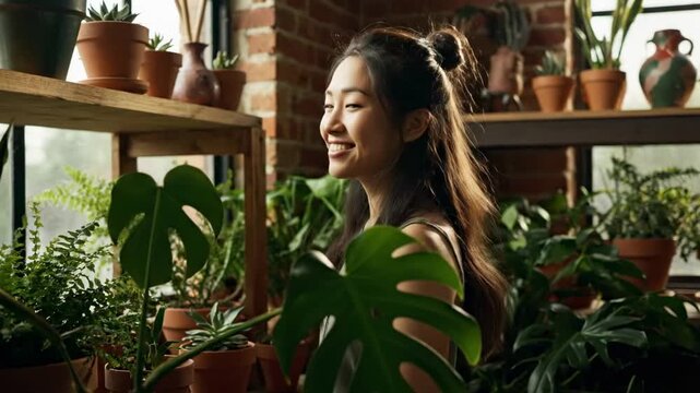 A woman enjoys the serene atmosphere of a plant-filled room, surrounded by lush greenery and terracotta pots, as sunlight filters through the windows, creating a tranquil ambiance