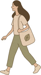 Illustration of a woman walking with a reusable eco bag.