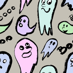 Seamless pattern with  colorful ghosts and “ boo”. Doodle, free hand draw. Ink, black and colorful. Hand draw with texture. Vector, isolated.