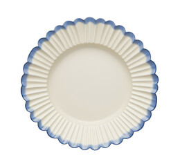 Minimalist top view of a ceramic plate with scalloped edges and blue gradient rim on white background – clean studio shot for food styling, menu design, or mockup use