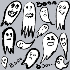 Funny and different ghosts, doodle, free hand draw. Ink, black and white. Hand draw with texture. Vector, isolated.