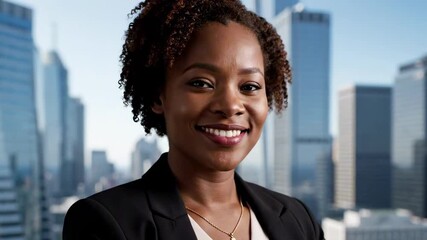 Confident young professional woman smiling against a city skyline backdrop, showcasing modern architecture and vibrant urban life, ideal for business and lifestyle themes