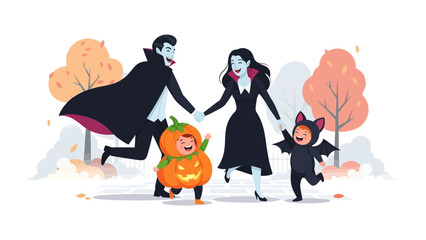 Halloween Family Fun Run: An illustration of a happy family, dressed in festive Halloween costumes, joyfully running together on a beautiful autumn day.