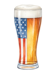 Watercolor pilsner glass filled with beer featuring american flag isolated on transparent background