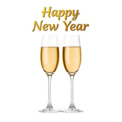 Elegant champagne flutes raising a sparkling toast to a Happy New Year, symbolizing joyous celebration and fresh beginnings on a pristine white background
