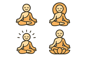 Buddha meditating icon set. Monk character in lotus pose for yoga, mindfulness and zen meditation. Spiritual concept for enlightenment, wellness, peace of mind. Vector logo.