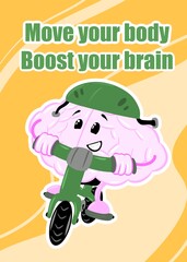 brain cycling cute brain cartoon style illustration